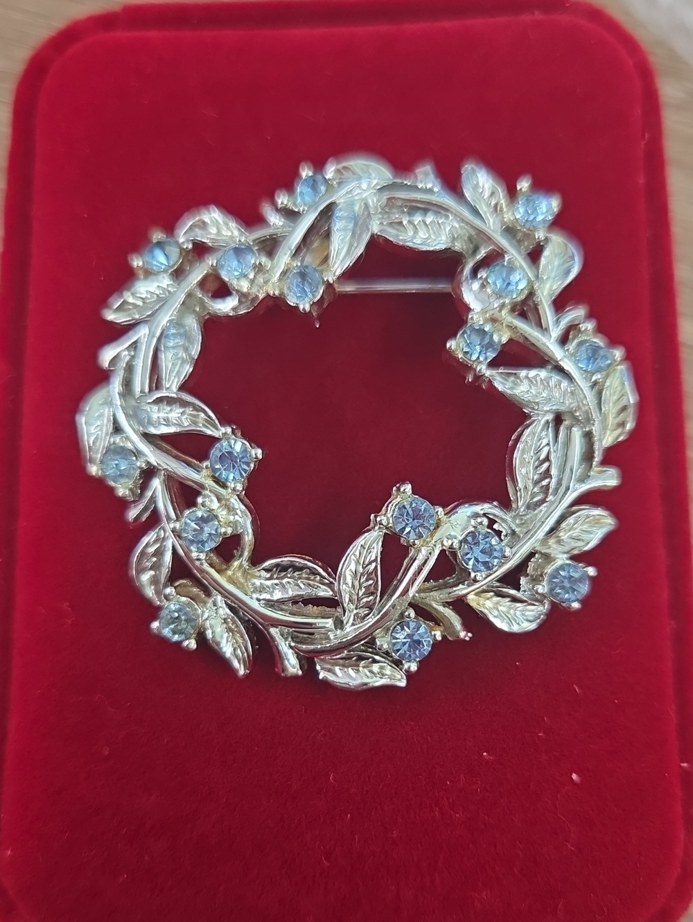 Silver Tone Leaf Wreath Brooch with Light Blue Stones Signed Coro